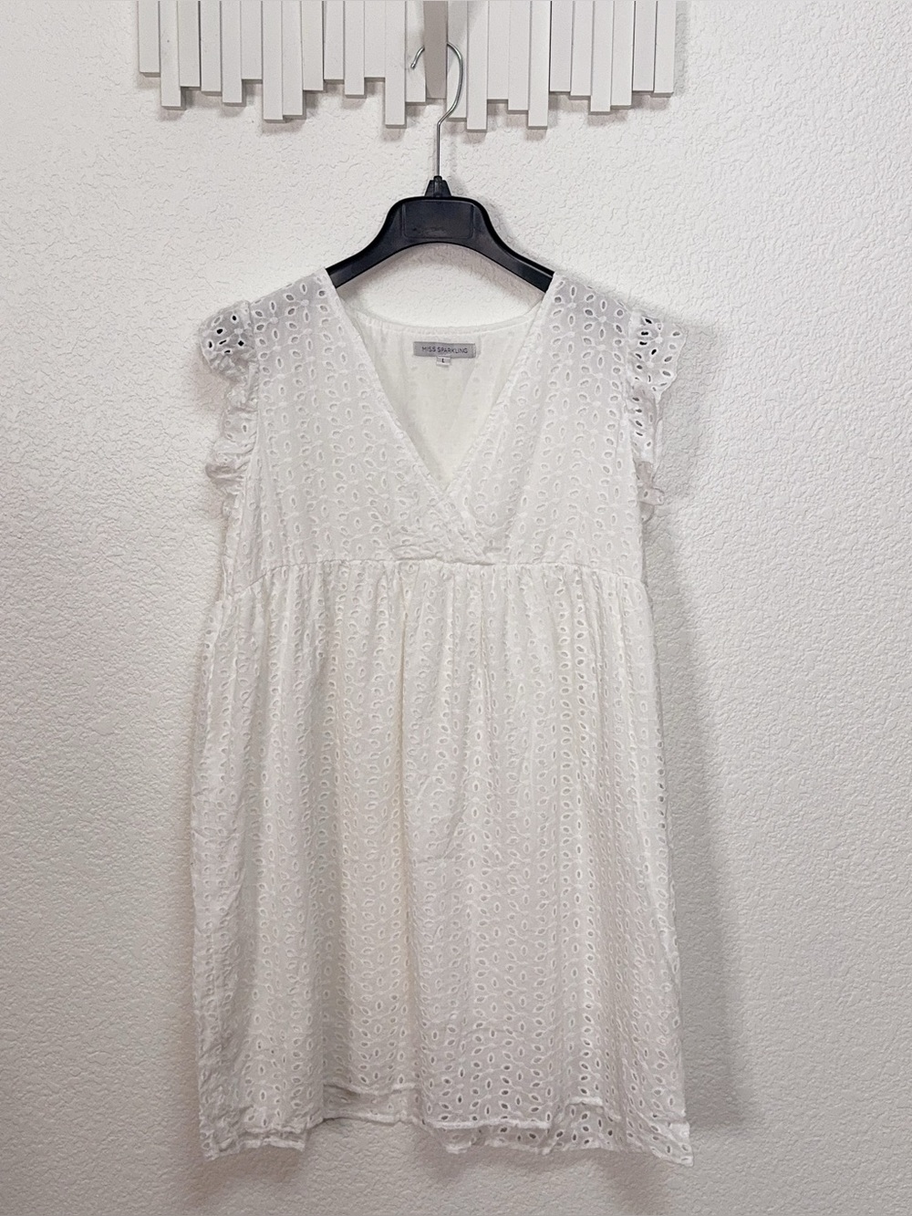 Miss Sparkling White Eyelet Embroidered Ruffle Sleeve Babydoll Mini Dress